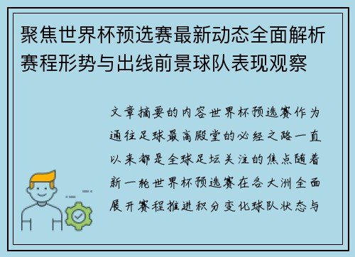 聚焦世界杯预选赛最新动态全面解析赛程形势与出线前景球队表现观察